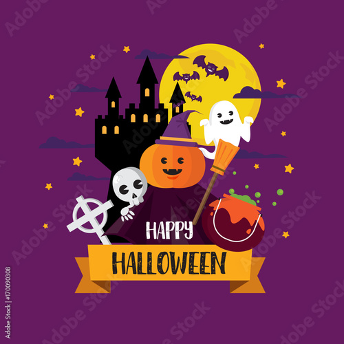 Happy Halloween Concept Pumpkin Witch Hat and Ghost in Castle