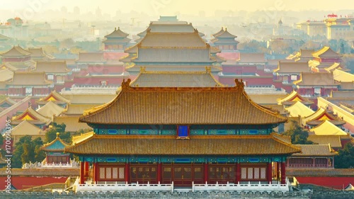 China Beijing, Aerial View of Forbidden City at Sunrise.The Forbidden City has over 14 million annual visitors.