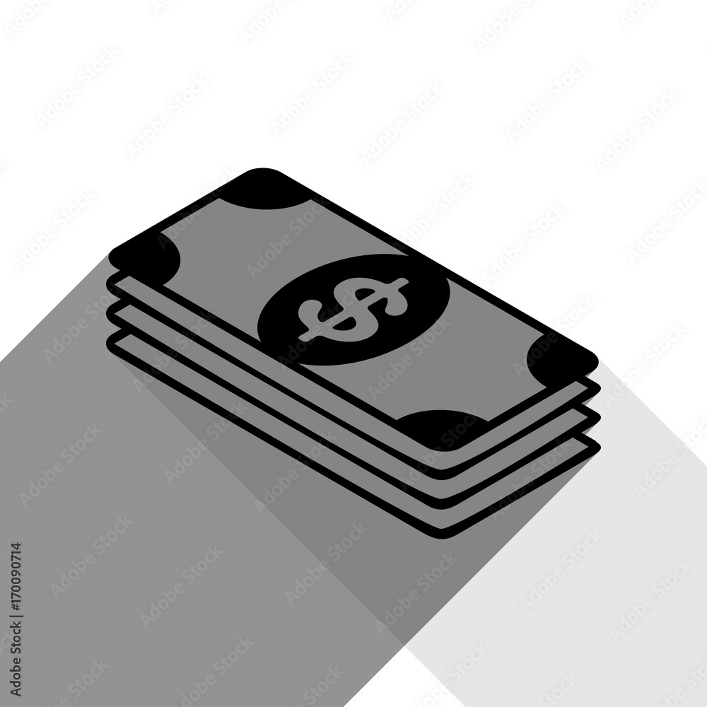 Bank Note dollar sign. Vector. Black icon with two flat gray shadows on white background. Bank Note dollar sign. Vector. Black icon with two flat gray shadows on white background.