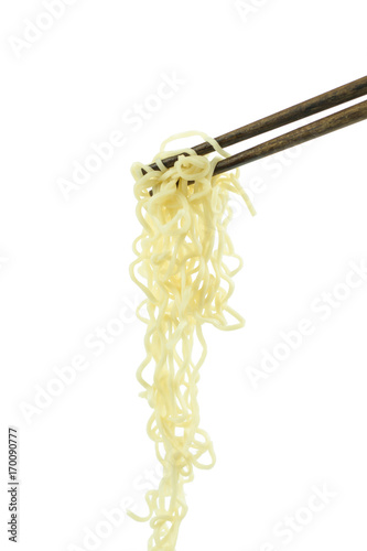 chopsticks holding oriental noodles isolated on a white background