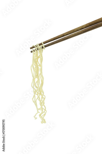 chopsticks holding oriental noodles isolated on a white background