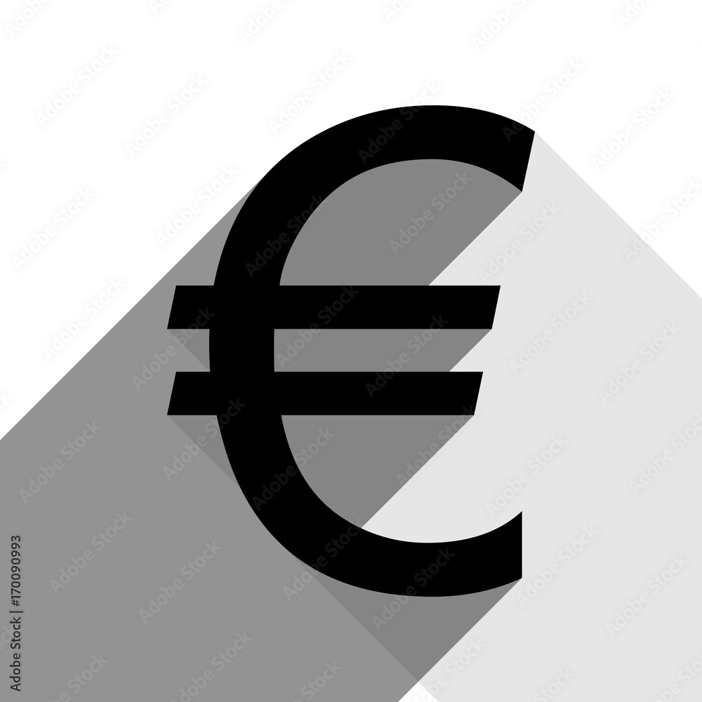 Euro sign. Vector. Black icon with two flat gray shadows on white background. Euro sign. Vector. Black icon with two flat gray shadows on white background.