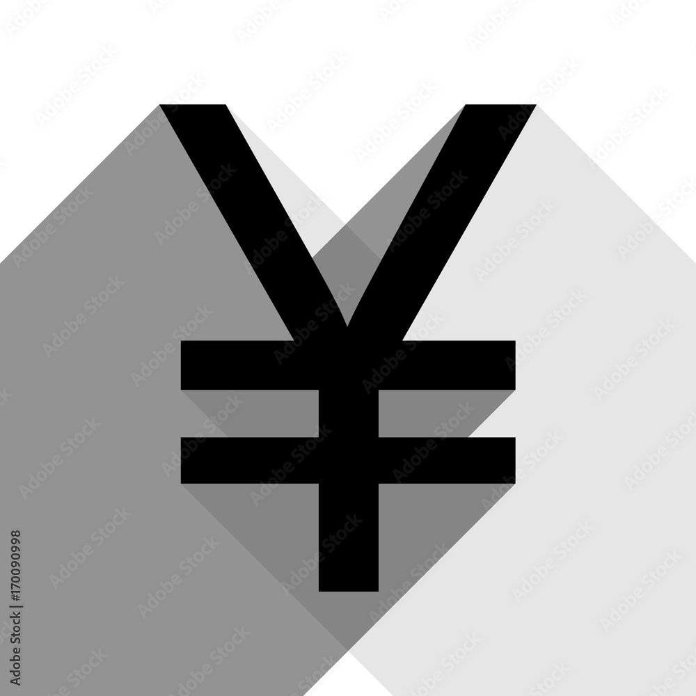 Yen sign. Vector. Black icon with two flat gray shadows on white background. Yen sign. Vector. Black icon with two flat gray shadows on white background.