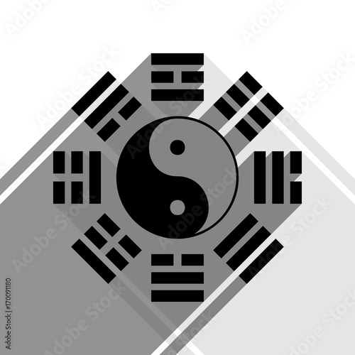 Yin and yang sign with bagua arrangement. Vector. Black icon with two flat gray shadows on white background.