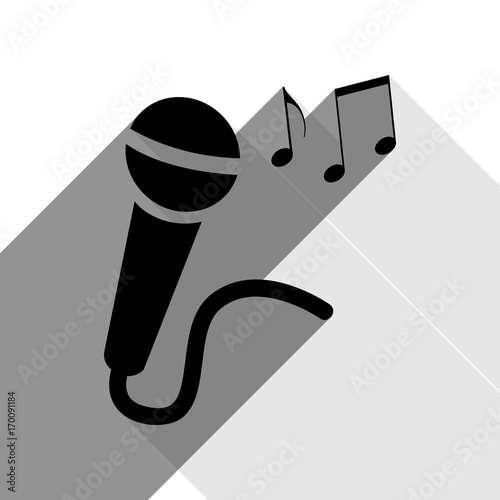 Microphone sign with music notes. Vector. Black icon with two flat gray shadows on white background.