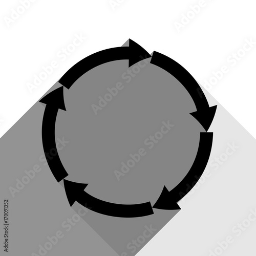 Circular arrows sign. Vector. Black icon with two flat gray shadows on white background.