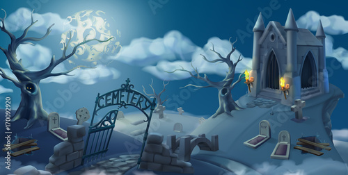 Cemetery, halloween background. Cartoon landscape panorama, 3d vector graphics