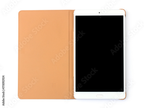 white tablet with cover on white background