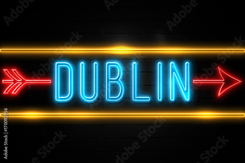 Dublin - fluorescent Neon Sign on brickwall Front view