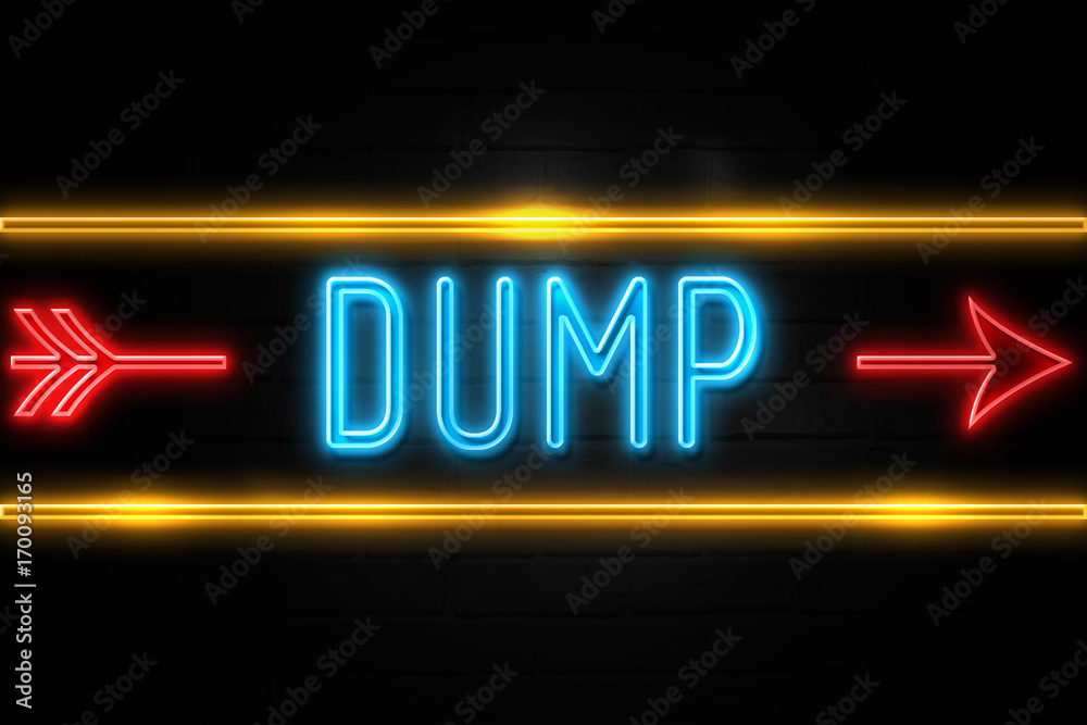 Obraz premium Dump - fluorescent Neon Sign on brickwall Front view