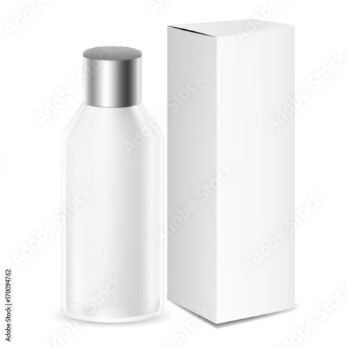 VECTOR PACKAGING: White gray cosmetic/medicine bottle or container with box on isolated white background. Mock-up template ready for design