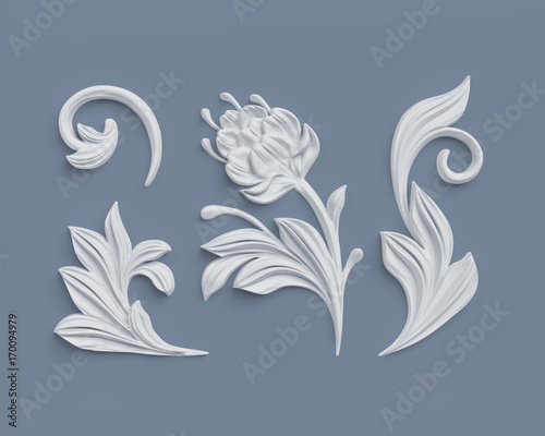 3d render  floral design elements  abstract botanical clip art  classical architectural decor  white stucco  relief flower