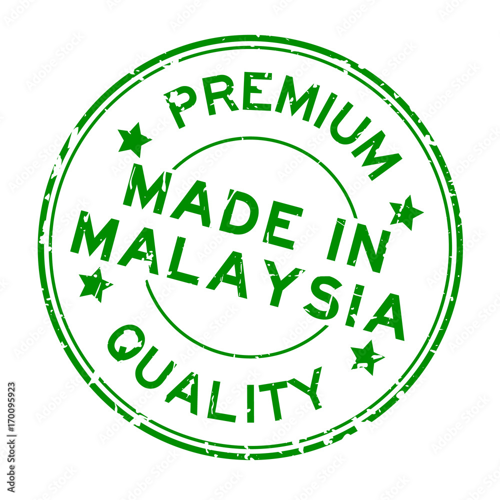 Grunge green premium quality made in Malaysia round rubber seal stamp on white background