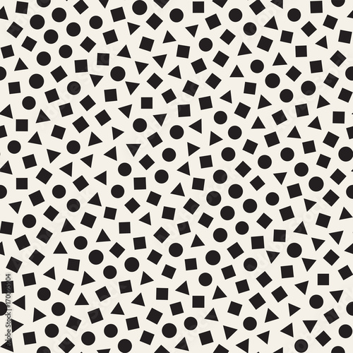 Seamless primitive jumble minimalism patterns. Randomly scattered geometric shapes. Abstract background design
