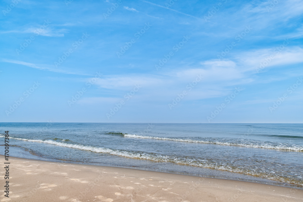Tranquil summer scene of Baltic sea. Beautiful blue sky. 
