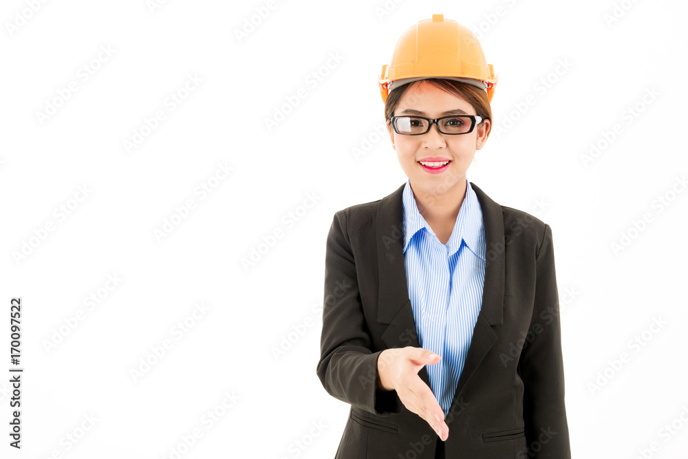 Young attractive confident asian woman, orange safety hat, glass, black suit, blue shirt on white background pose handshake. Young attractive confident asian woman, orange safety hat, glass, black suit, blue shirt on white background pose handshake.