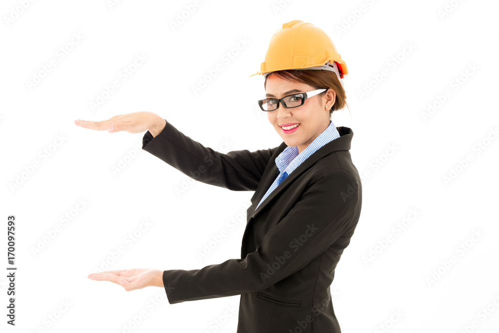 Young attractive confident asian woman, orange safety hat, glass, black suit, blue shirt on white background pose open hand. Young attractive confident asian woman, orange safety hat, glass, black suit, blue shirt on white background pose open hand.