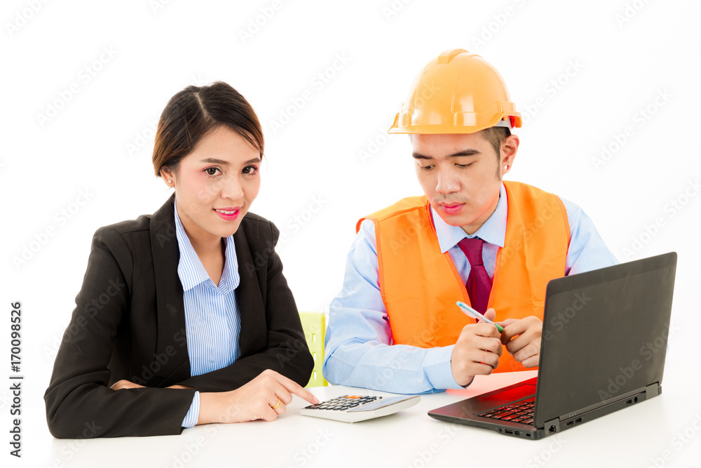 Young Asian male engineer talking to female business woman on white background. Young Asian male engineer talking to female business woman on white background.