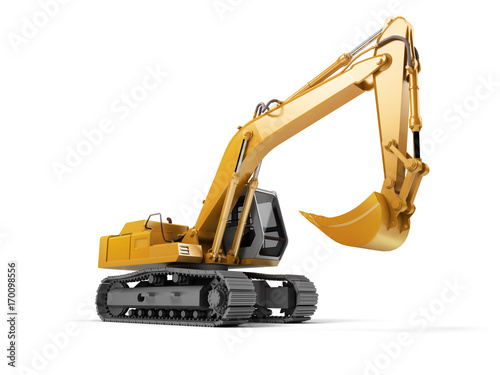 Fototapeta Naklejka Na Ścianę i Meble -  Hydraulic Excavator with bucket isolated on white. 3d illustration. Front side view. Wide angle