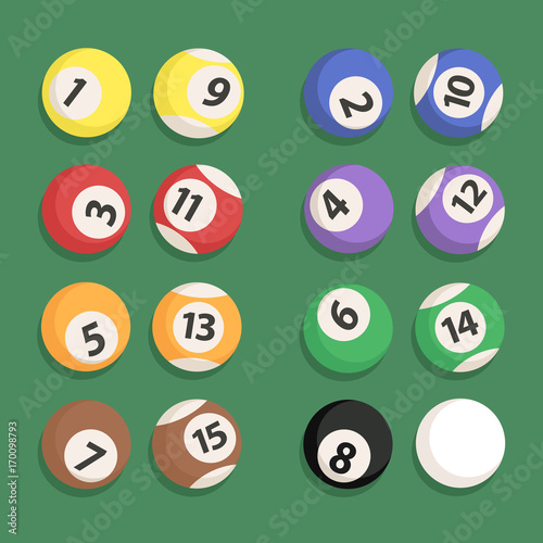 Billiards ball set isolated on green table background vector illustration.