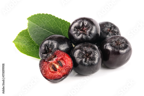 Chokeberry with leaf isolated on white background. Black aronia berries photo