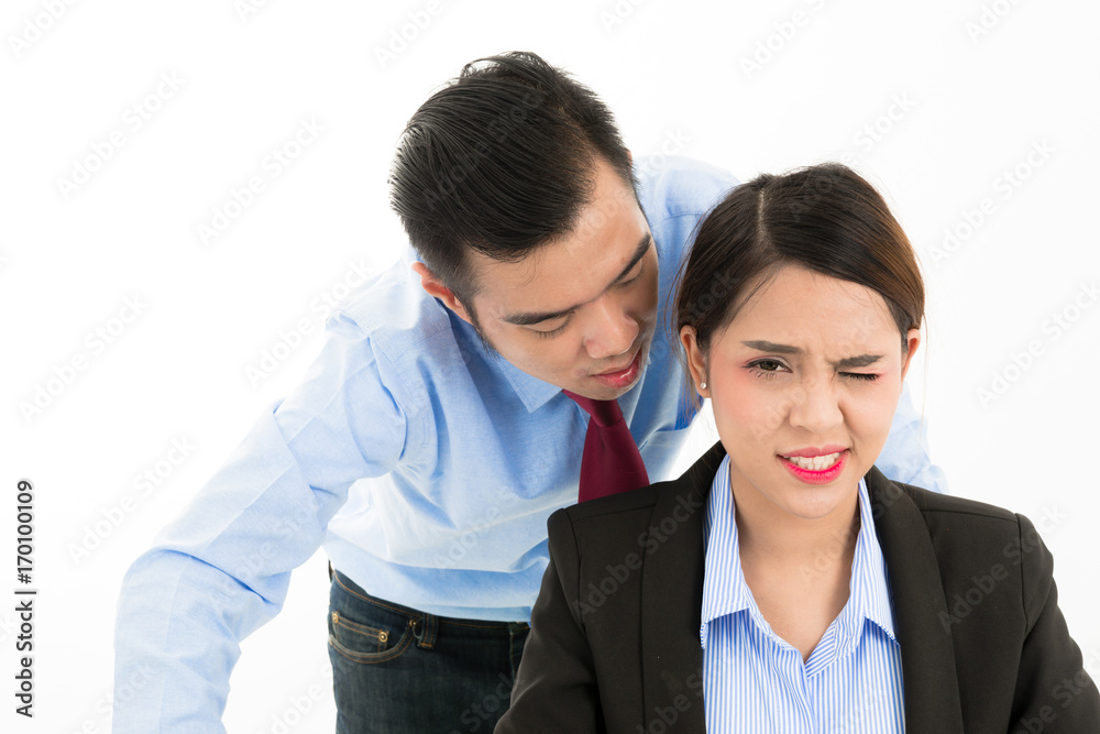 Young confident Asian office employee business man whisper close to attractive Asian office woman ear. Young confident Asian office employee business man whisper close to attractive Asian office woman ear.