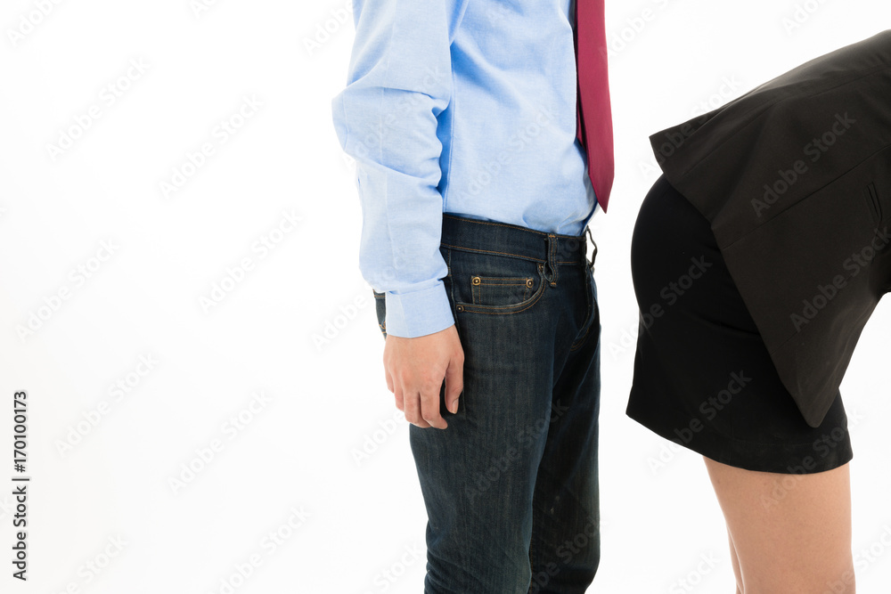 Φωτογραφία Young confident Asian office employee business man stand close to attractive Asian office woman buttom