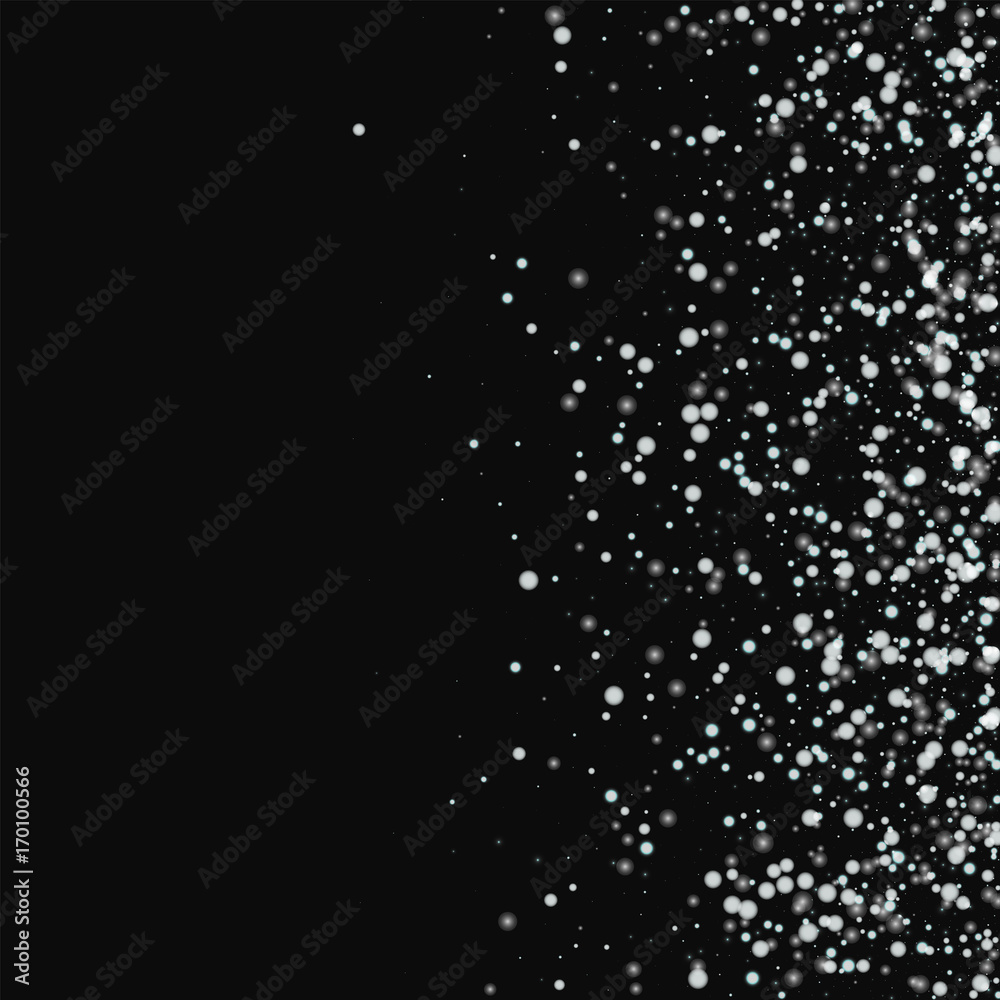 Amazing falling snow. Scatter right gradient with amazing falling snow on black background. Vector illustration.
