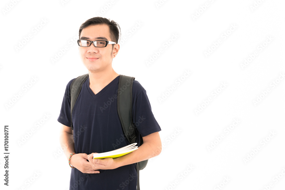 Young confident attractive Asian blue shirt man with glasses student with books and bag on white background. Young confident attractive Asian blue shirt man with glasses student with books and bag on white background.
