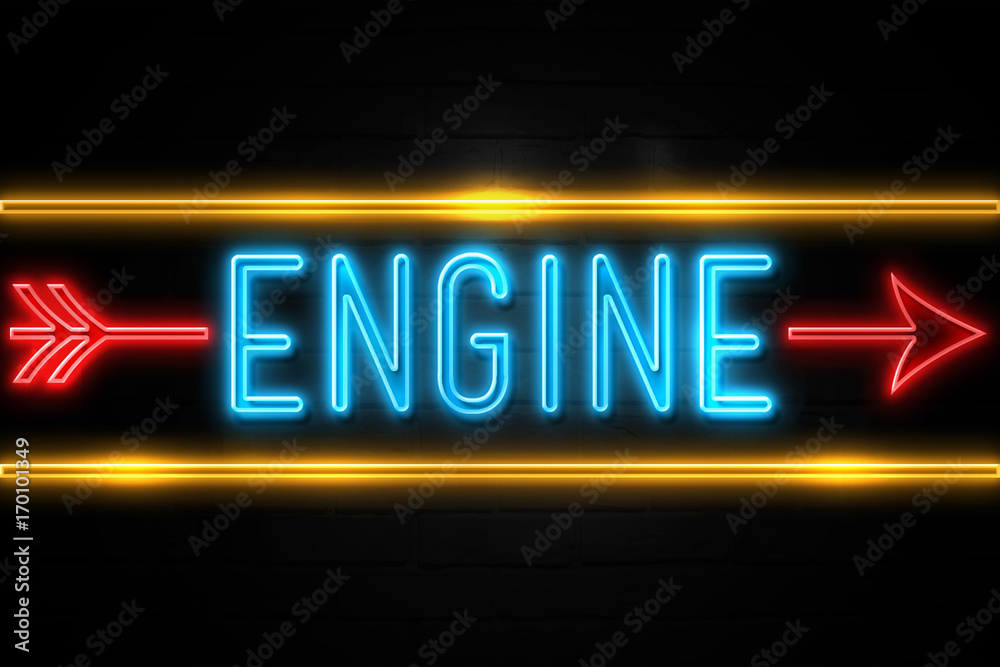 Engine - fluorescent Neon Sign on brickwall Front view Engine - fluorescent Neon Sign on brickwall Front view