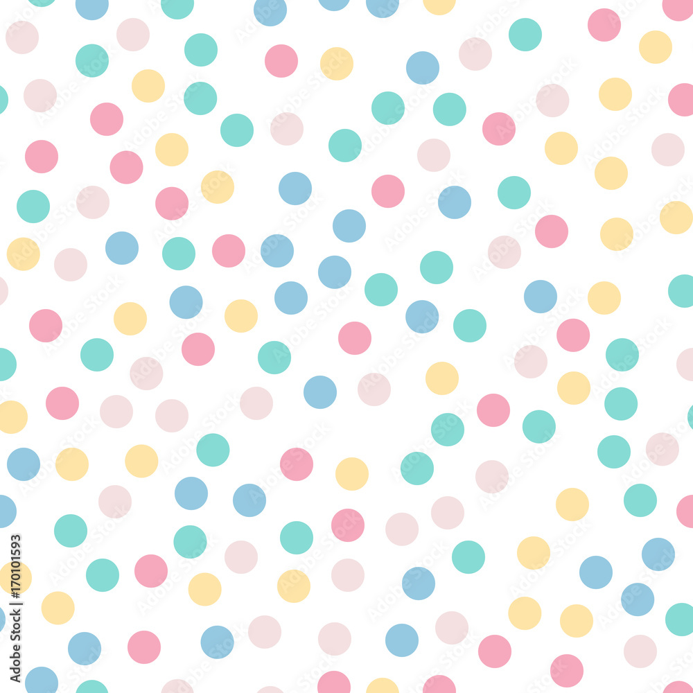 Colorful polka dots seamless pattern on white 9 background. Pretty classic colorful polka dots textile pattern. Seamless scattered confetti fall chaotic decor. Abstract vector illustration.