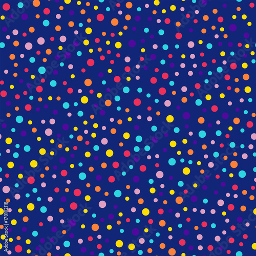 Memphis style polka dots seamless pattern on dark blue background. Nice modern memphis polka dots creative pattern. Bright scattered confetti fall chaotic decor. Vector illustration.
