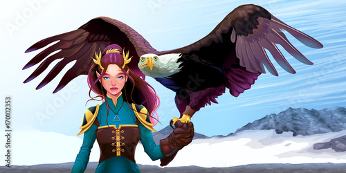 Eagle trainer elf on the mountains