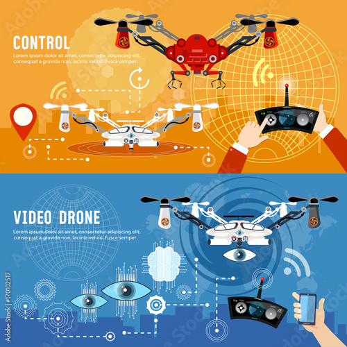 Drone for delivery. Drone flat banner, modern drone and remote control for the quadrocopter, carrying cardboard box. Shadowing and entertainments modern technologies