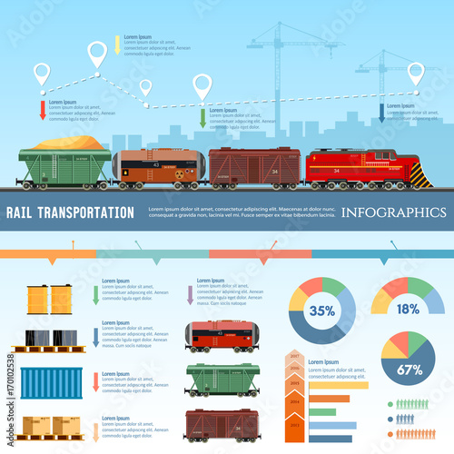 Freight trains wagons flat design presentation. Cargo transportation by train, transportation of oil gas, toxic chemicals infographics. Cargo train global transport logistics