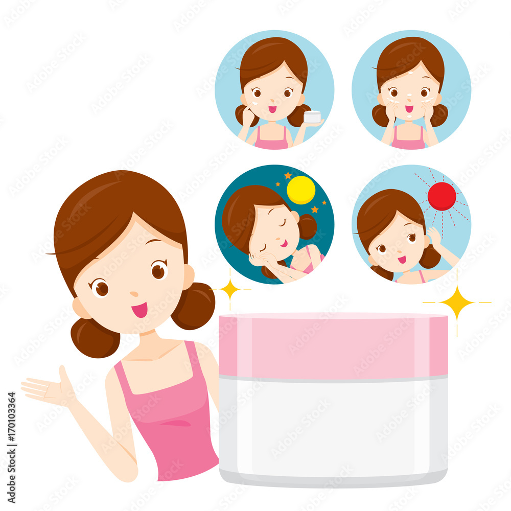Girl With Moisturiser Packaging And Icons, Facial, Beauty, Cosmetic, Makeup, Treatment, Healthy Girl With Moisturiser Packaging And Icons, Facial, Beauty, Cosmetic, Makeup, Treatment, Healthy