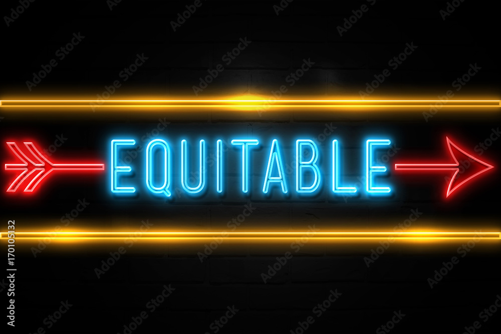 Equitable  - fluorescent Neon Sign on brickwall Front view