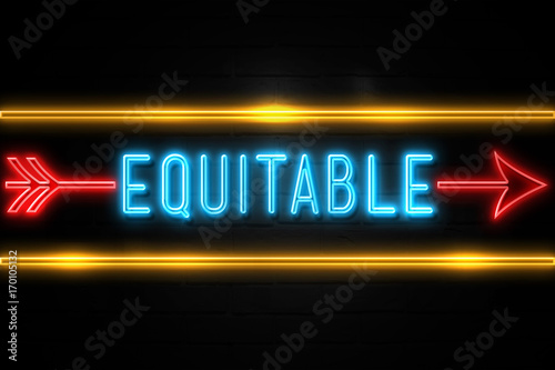 Fotografi Equitable  - fluorescent Neon Sign on brickwall Front view