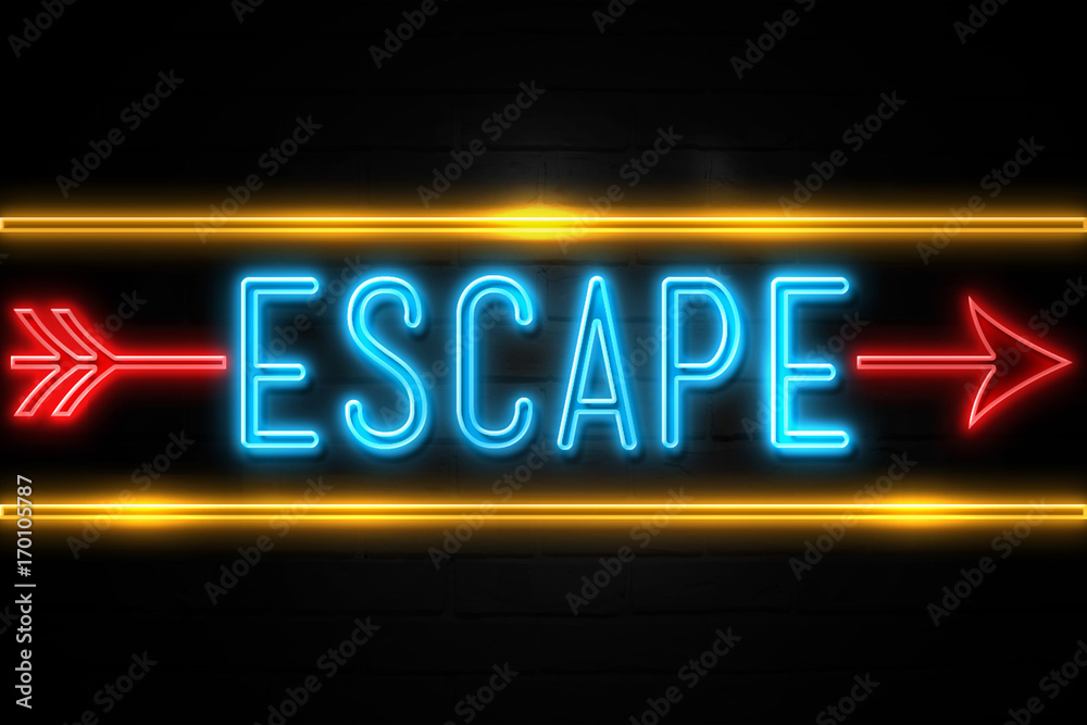 Escape  - fluorescent Neon Sign on brickwall Front view