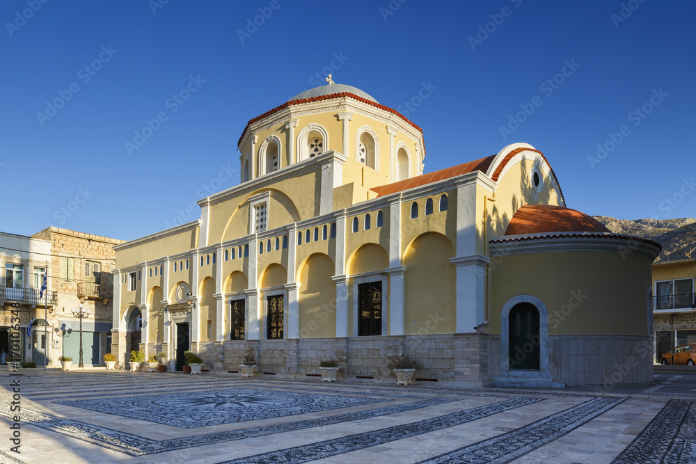 Church in the central square in Kalymnos town, Greece.
