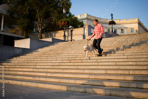 Morning walk of young male and gold labrador dog on the big city stairs at morning 