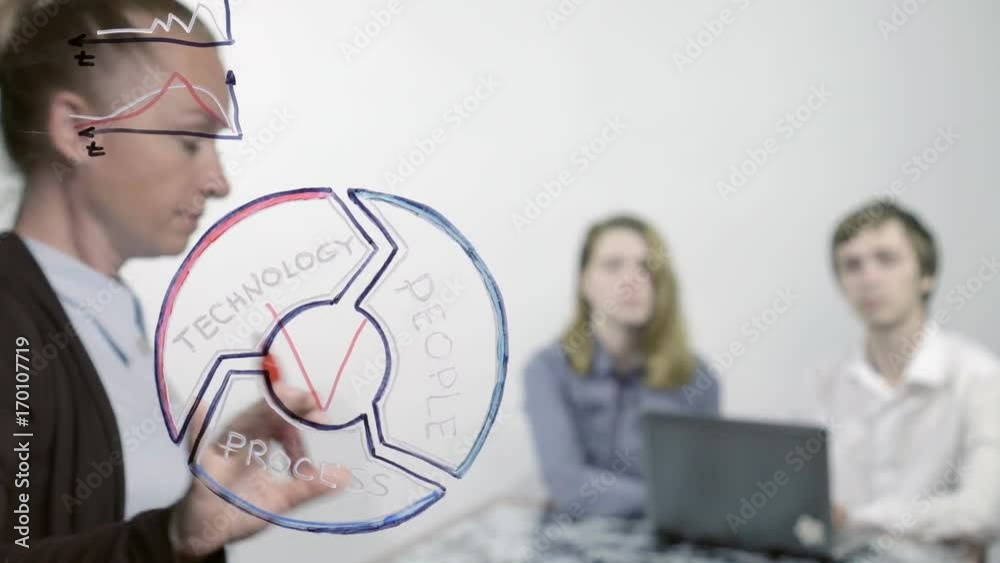 The girl in the office draws the pictogram on the glass.