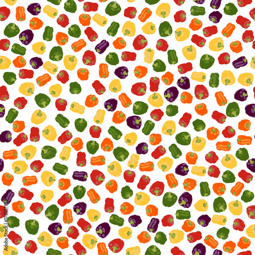 Fototapeta Naklejka Na Ścianę i Meble -  Summer sweet peppers. Seamless pattern. Colorful Capsicum texture. Hand drawn vegetables. Healthy lifestyle. Can be used for wallpaper, pattern fills or printing on fabric.