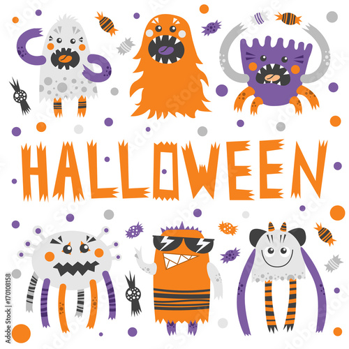 Vector set of scary, but cute halloween monsters with toothy smiles. Funny colorful characters with different emotions. Traditional halloween sweets and candies. 