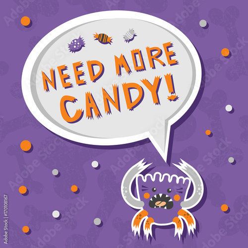 Vector background with shabby bones seamless pattern. Scary, but cute halloween monster hungry for sweets with toothy smile. Good for invitations, banners and other holiday stuff.