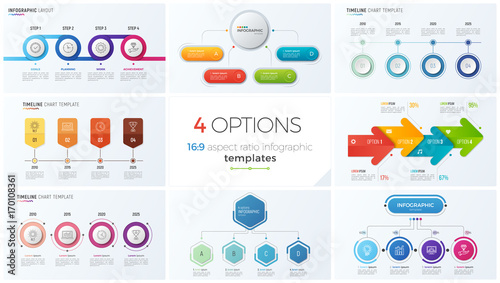 Collection of eight vector templates for infographics with 4 options, steps, processes