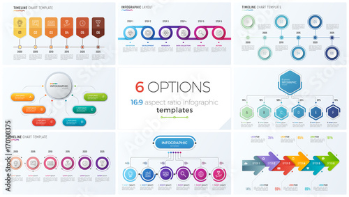 Collection of eight vector templates for infographics with 6 options, steps, processes