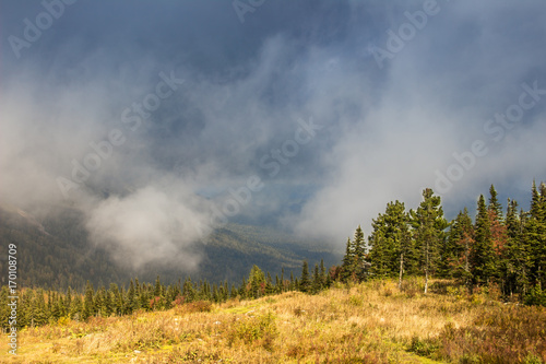 Scenic landscape in mountain taiga terrain in a cloud summer day. Sheregesh, Russia.
