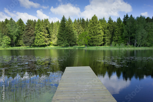 Beautiful landscape with a wooden pier on a lake neara forest. In the mirror surface of the water reflects the blue sky.