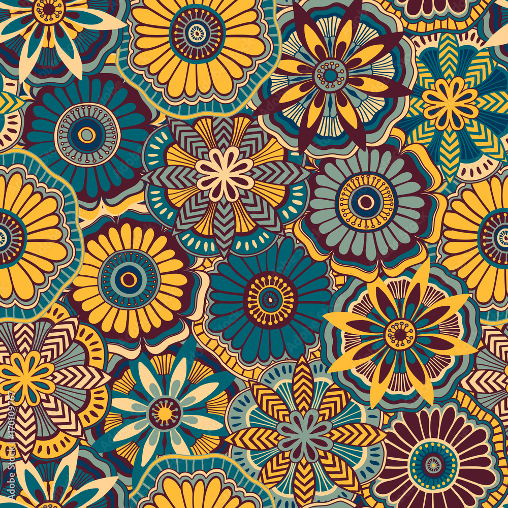Seamless retro pattern from decorative doodle flowers